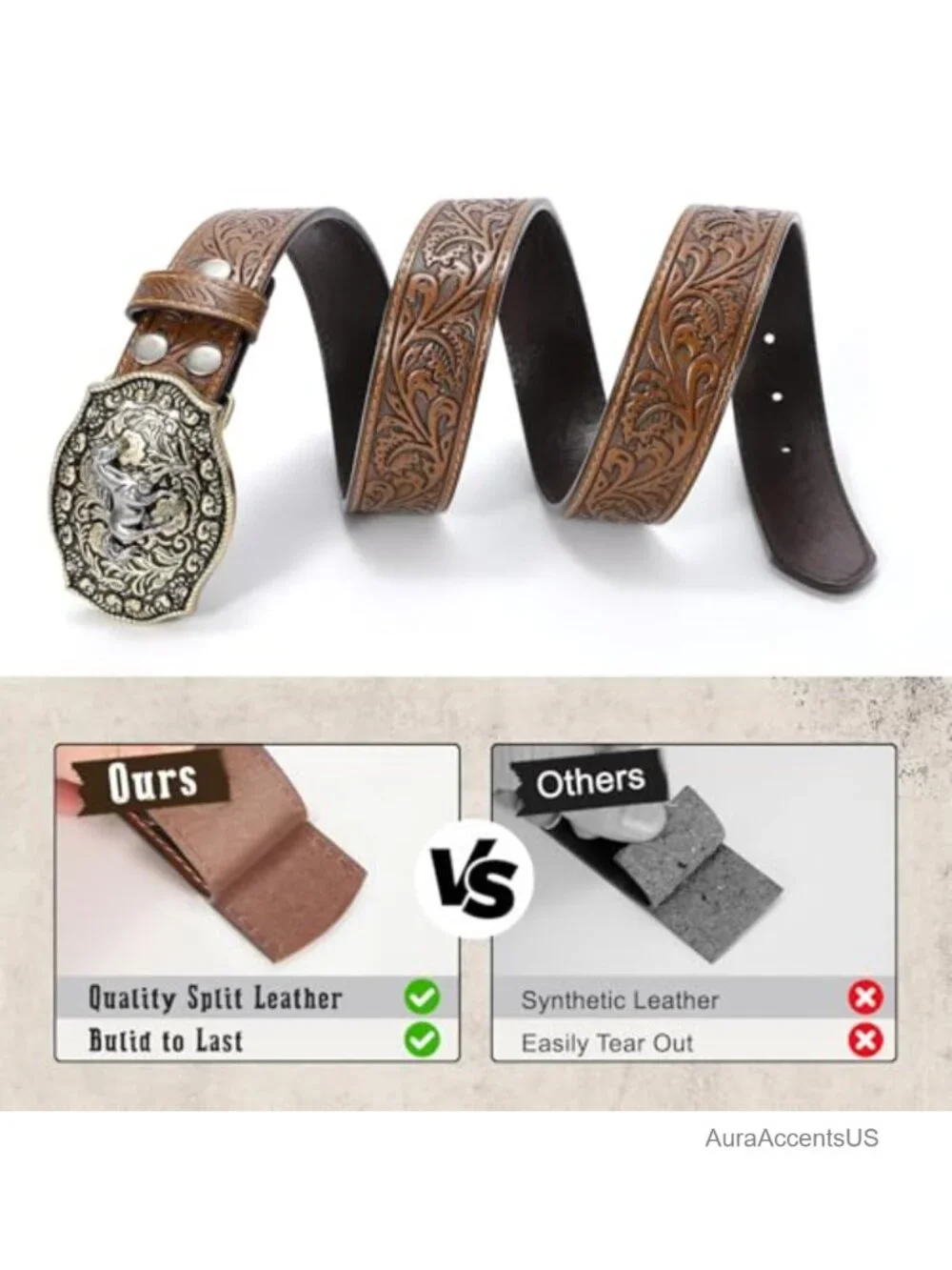 Embossed Leather Western Belt with Detachable Horse Buckle, Cowgirl Style